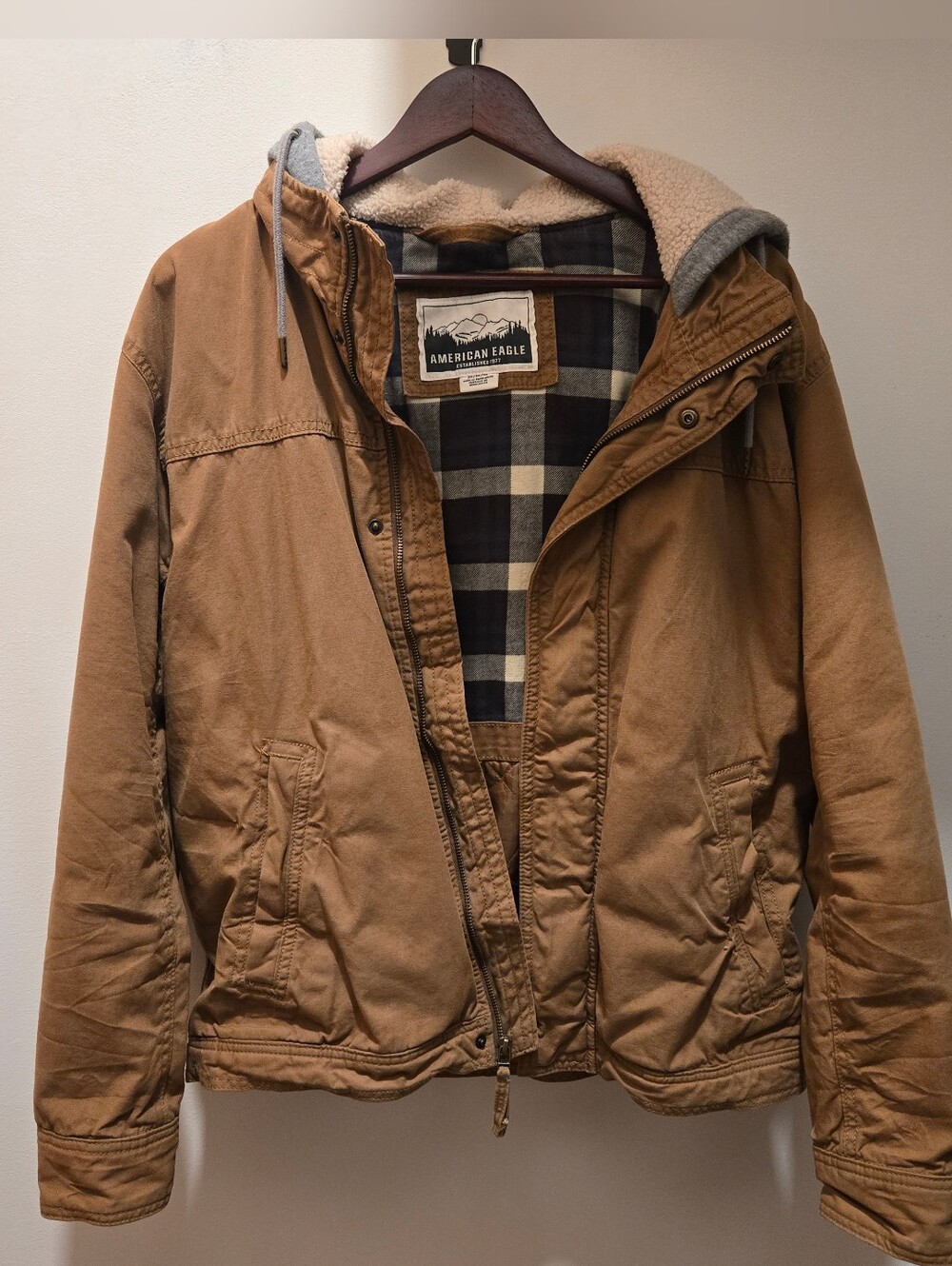 American Eagle Outfitters Tan Hooded Utility Jacket with Sherpa Trim Hood